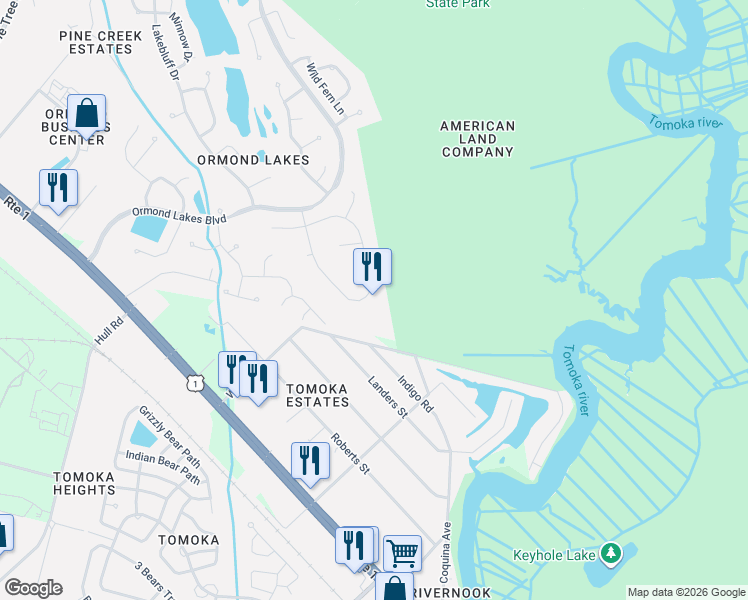 map of restaurants, bars, coffee shops, grocery stores, and more near 62 Emerald Oaks Lane in Ormond Beach