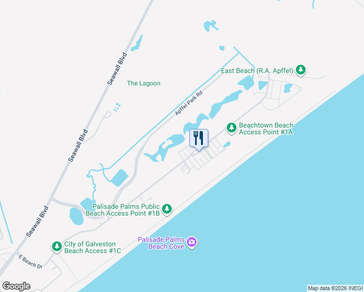 map of restaurants, bars, coffee shops, grocery stores, and more near 1542 Beachtown Drive in Galveston