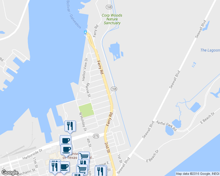 map of restaurants, bars, coffee shops, grocery stores, and more near 500 Ferry Road in Galveston