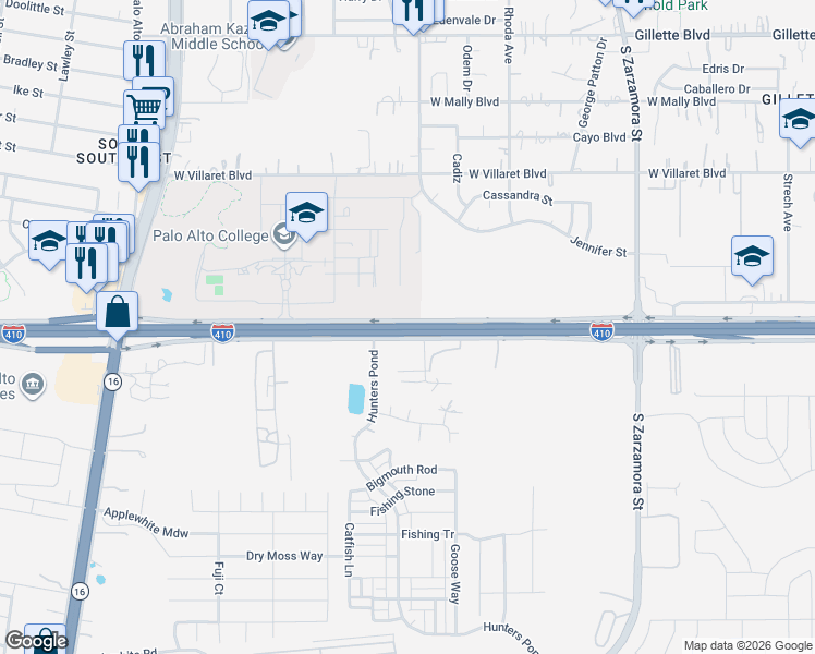 map of restaurants, bars, coffee shops, grocery stores, and more near Interstate 410 in San Antonio