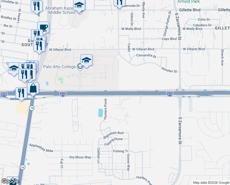 map of restaurants, bars, coffee shops, grocery stores, and more near Interstate 410 in San Antonio
