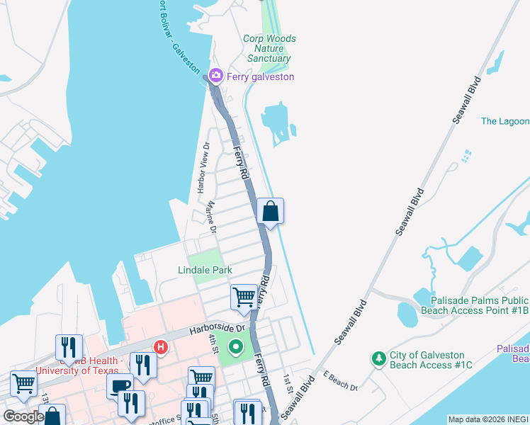 map of restaurants, bars, coffee shops, grocery stores, and more near 500 Ferry Road in Galveston