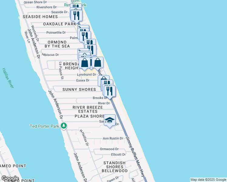 map of restaurants, bars, coffee shops, grocery stores, and more near 1113 Ocean Shore Boulevard in Ormond Beach