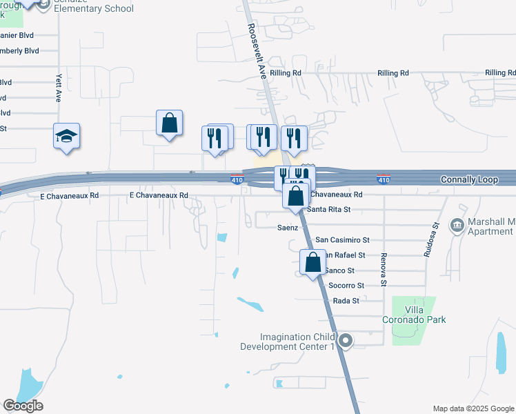 map of restaurants, bars, coffee shops, grocery stores, and more near 1202 East Chavaneaux in San Antonio