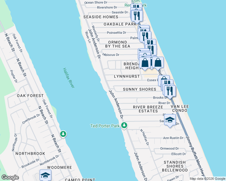 map of restaurants, bars, coffee shops, grocery stores, and more near 72 Sunny Shores Drive in Ormond Beach