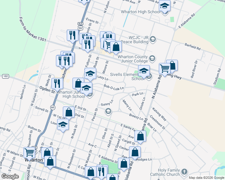 map of restaurants, bars, coffee shops, grocery stores, and more near 506 Bob-O-Link Lane in Wharton
