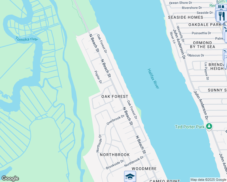 map of restaurants, bars, coffee shops, grocery stores, and more near 1408 North Beach Street in Ormond Beach