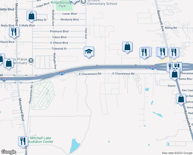 map of restaurants, bars, coffee shops, grocery stores, and more near 702 East Chavaneaux Road in San Antonio