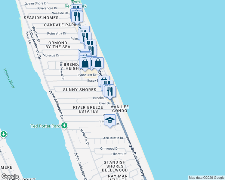 map of restaurants, bars, coffee shops, grocery stores, and more near 1113 Ocean Shore Boulevard in Ormond Beach