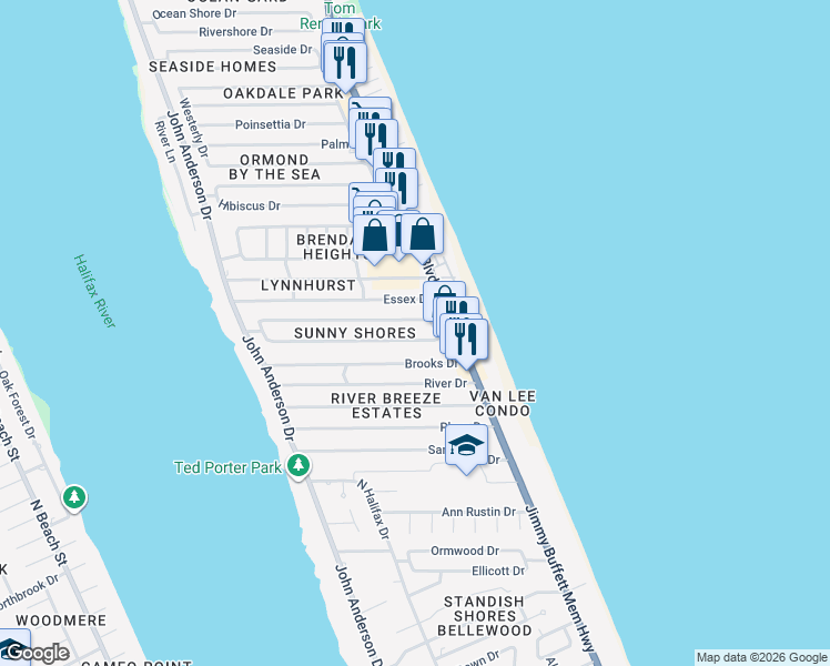 map of restaurants, bars, coffee shops, grocery stores, and more near 7 Sunny Shores Drive in Ormond Beach