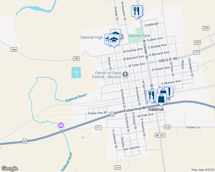 map of restaurants, bars, coffee shops, grocery stores, and more near 608 West Kennedy Avenue in Sabinal