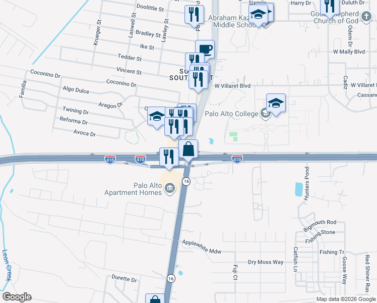 map of restaurants, bars, coffee shops, grocery stores, and more near 10357 Poteet Jourdanton Freeway in San Antonio