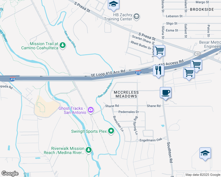 map of restaurants, bars, coffee shops, grocery stores, and more near 9723 Richey Otis Way in San Antonio