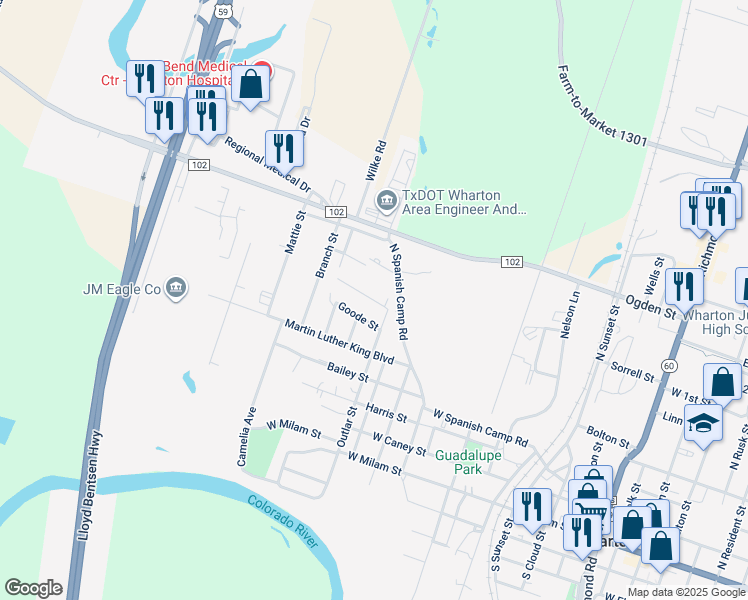 map of restaurants, bars, coffee shops, grocery stores, and more near 1510 Connie Street in Wharton