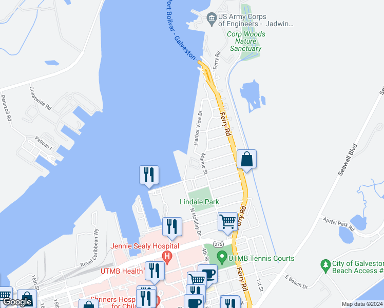 map of restaurants, bars, coffee shops, grocery stores, and more near 1013 Harbor View Dr in Galveston