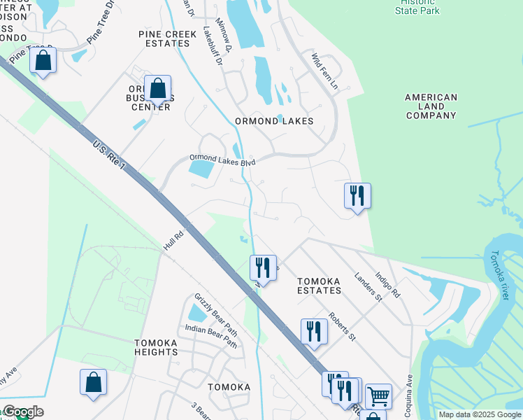 map of restaurants, bars, coffee shops, grocery stores, and more near 22 Cliffside Drive in Ormond Beach