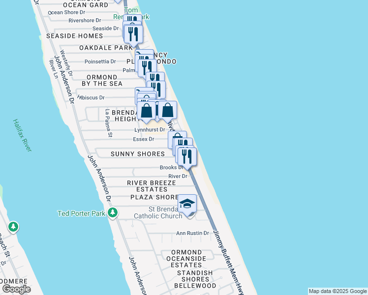 map of restaurants, bars, coffee shops, grocery stores, and more near 1150 Ocean Shore Boulevard in Ormond Beach