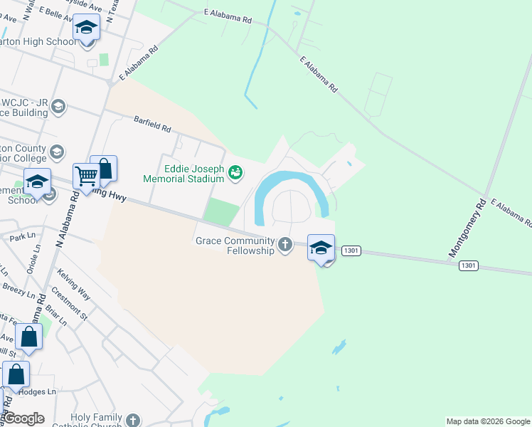 map of restaurants, bars, coffee shops, grocery stores, and more near 208 Bolling Green Circle in Wharton
