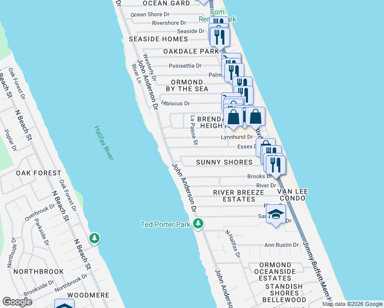map of restaurants, bars, coffee shops, grocery stores, and more near 55 Sunny Shores Drive in Ormond Beach