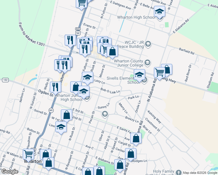 map of restaurants, bars, coffee shops, grocery stores, and more near 506 Bob-O-Link Lane in Wharton