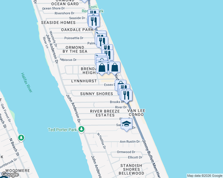 map of restaurants, bars, coffee shops, grocery stores, and more near 7 Sunny Shores Drive in Ormond Beach