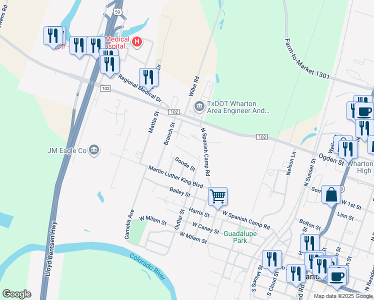 map of restaurants, bars, coffee shops, grocery stores, and more near 1510 Connie Street in Wharton