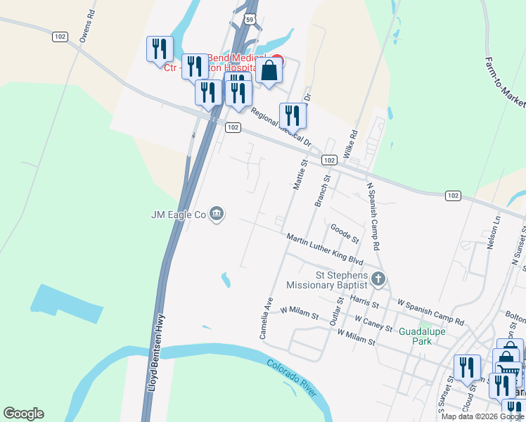 map of restaurants, bars, coffee shops, grocery stores, and more near 1934 Martin Luther King Boulevard in Wharton