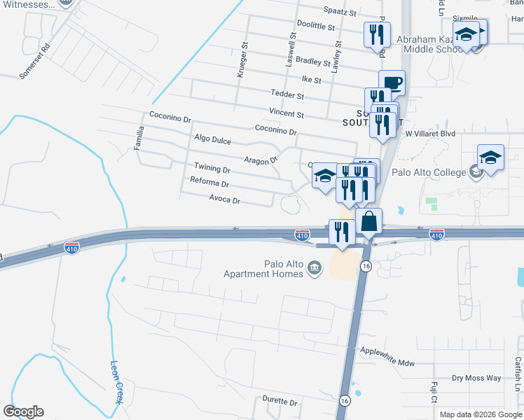 map of restaurants, bars, coffee shops, grocery stores, and more near 3232 Reforma Drive in San Antonio
