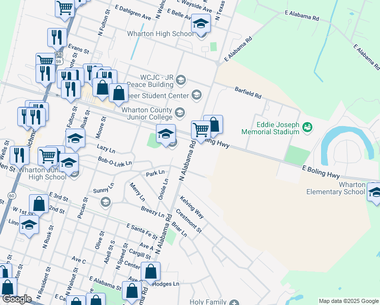 map of restaurants, bars, coffee shops, grocery stores, and more near 1605 North Alabama Road in Wharton