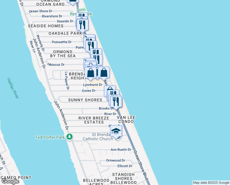 map of restaurants, bars, coffee shops, grocery stores, and more near 2 Neptune Park Drive in Ormond Beach