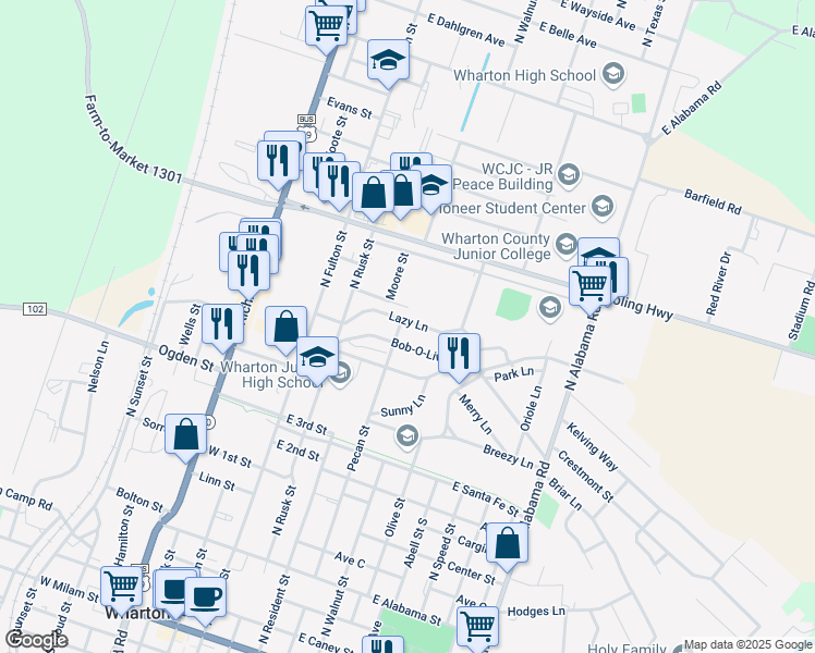map of restaurants, bars, coffee shops, grocery stores, and more near 417 Lazy Lane in Wharton