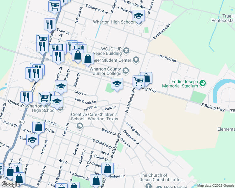 map of restaurants, bars, coffee shops, grocery stores, and more near 1605 North Alabama Road in Wharton