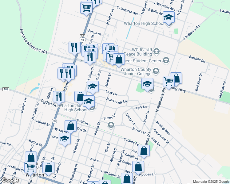 map of restaurants, bars, coffee shops, grocery stores, and more near 417 Lazy Lane in Wharton