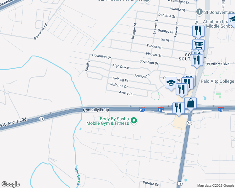 map of restaurants, bars, coffee shops, grocery stores, and more near 3430 Avoca Drive in San Antonio