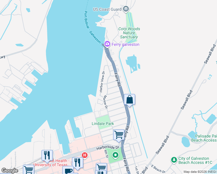 map of restaurants, bars, coffee shops, grocery stores, and more near 1113 Marine Street in Galveston