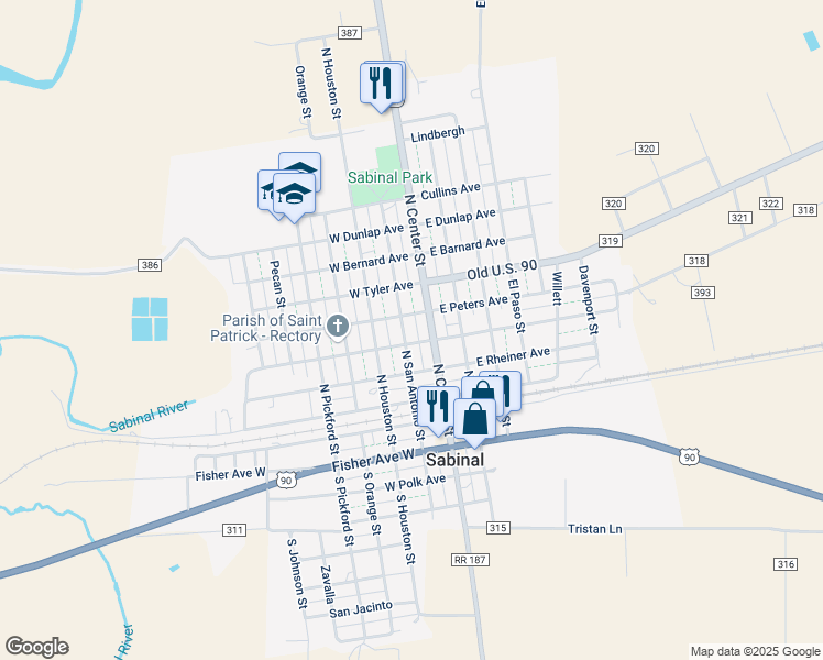 map of restaurants, bars, coffee shops, grocery stores, and more near 508 North San Antonio Street in Sabinal