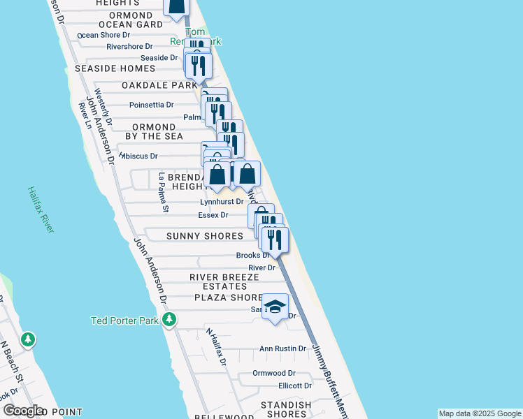 map of restaurants, bars, coffee shops, grocery stores, and more near 2 Neptune Park Drive in Ormond Beach