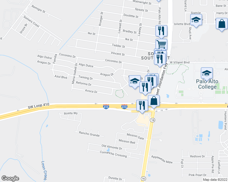 map of restaurants, bars, coffee shops, grocery stores, and more near 9606 Palo Corto Street in San Antonio