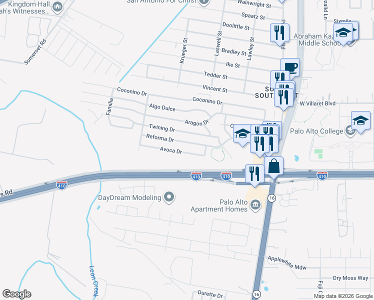 map of restaurants, bars, coffee shops, grocery stores, and more near 3239 Avoca Dr in San Antonio