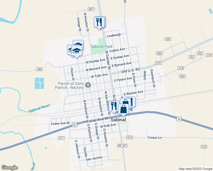 map of restaurants, bars, coffee shops, grocery stores, and more near 508 North San Antonio Street in Sabinal