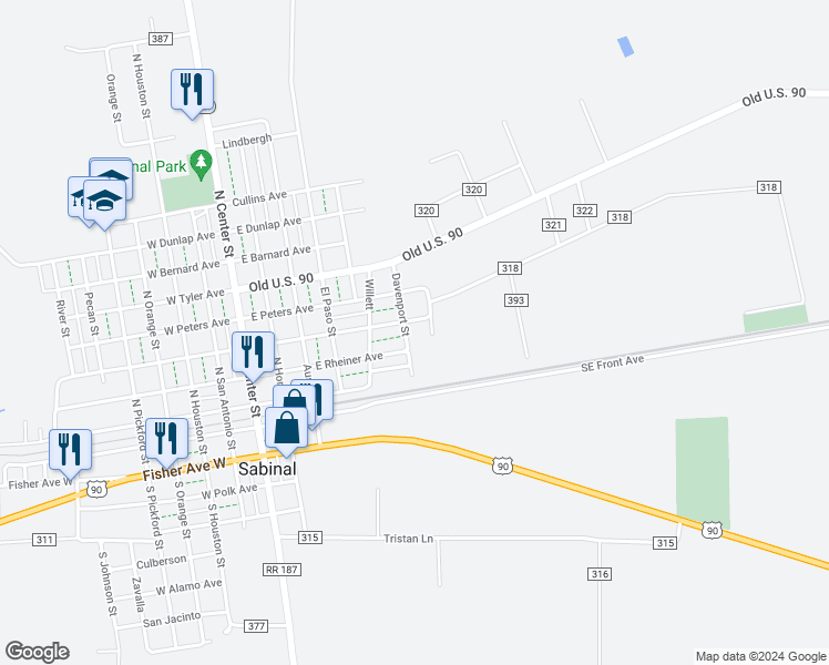 map of restaurants, bars, coffee shops, grocery stores, and more near 410 Davenport in Sabinal