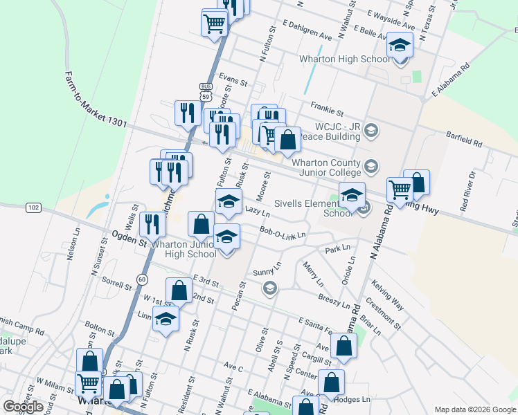 map of restaurants, bars, coffee shops, grocery stores, and more near 321 Lazy Lane in Wharton