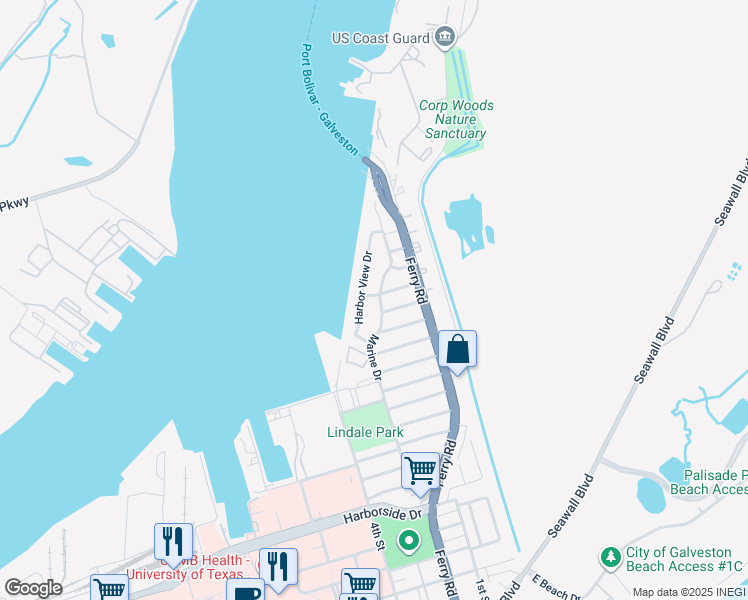 map of restaurants, bars, coffee shops, grocery stores, and more near 1113 Marine Street in Galveston