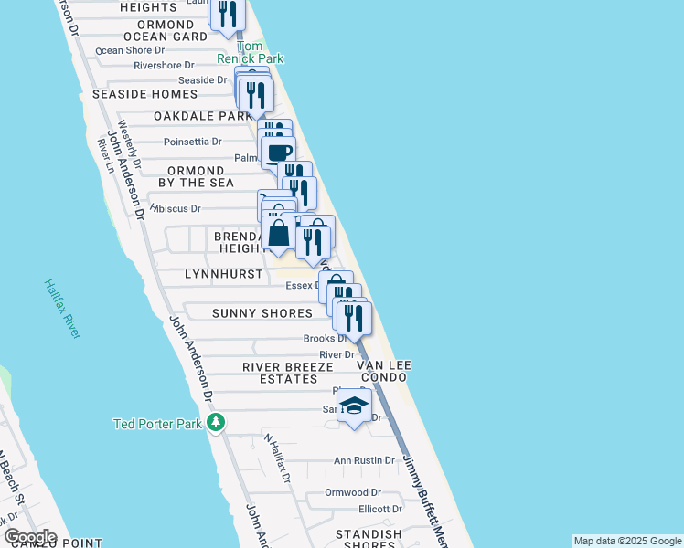 map of restaurants, bars, coffee shops, grocery stores, and more near 2 Neptune Park Drive in Ormond Beach