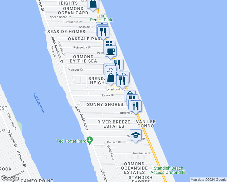 map of restaurants, bars, coffee shops, grocery stores, and more near 10 Lynnhurst Drive in Ormond Beach