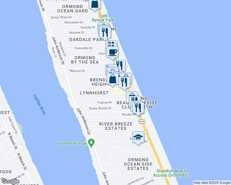 map of restaurants, bars, coffee shops, grocery stores, and more near 10 Lynnhurst Drive in Ormond Beach
