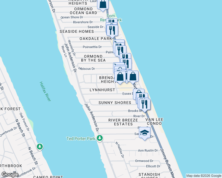 map of restaurants, bars, coffee shops, grocery stores, and more near in Ormond Beach