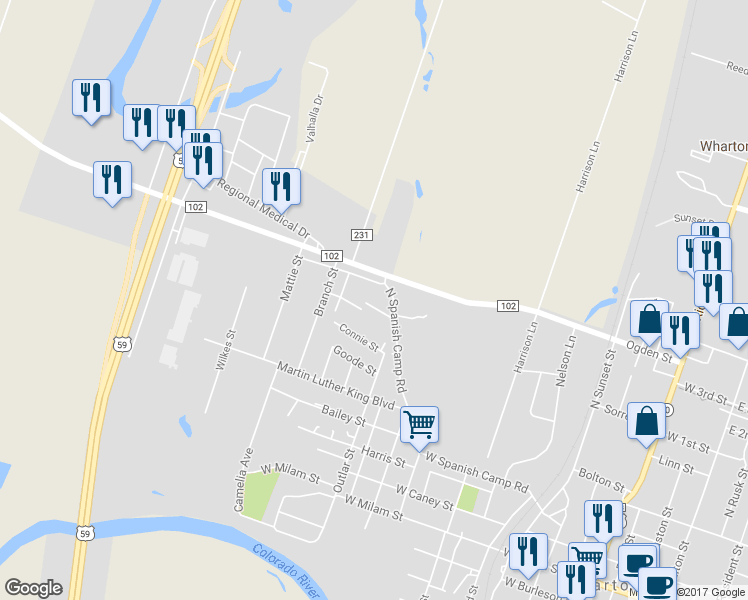 map of restaurants, bars, coffee shops, grocery stores, and more near 1524 Wilson Street in Wharton