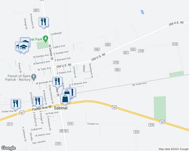 map of restaurants, bars, coffee shops, grocery stores, and more near 410 Davenport in Sabinal