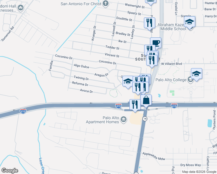 map of restaurants, bars, coffee shops, grocery stores, and more near 3232 Reforma Drive in San Antonio